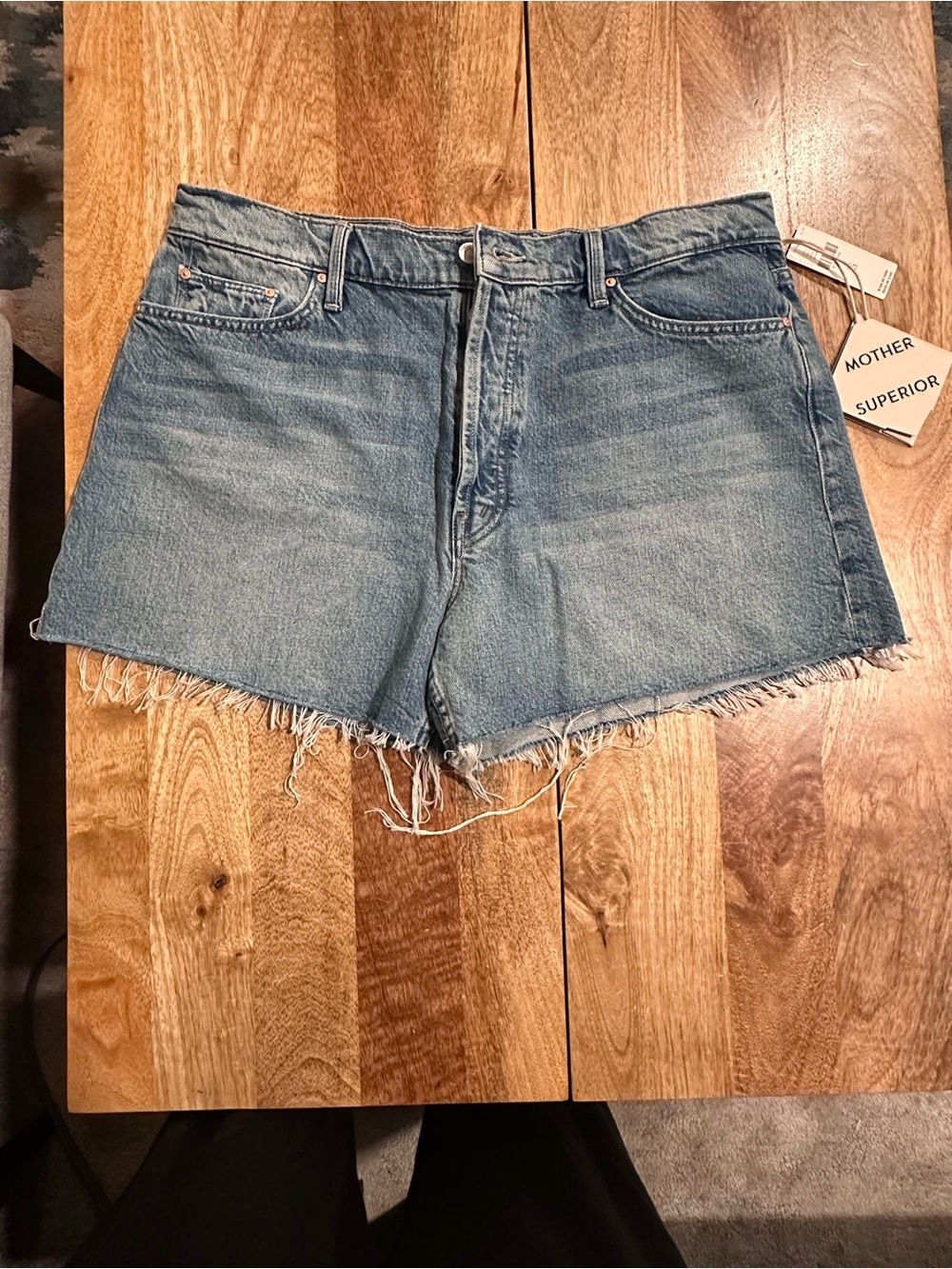 MOTHER Light Blue High-Rise Raw Fray Hem Jean Shorts